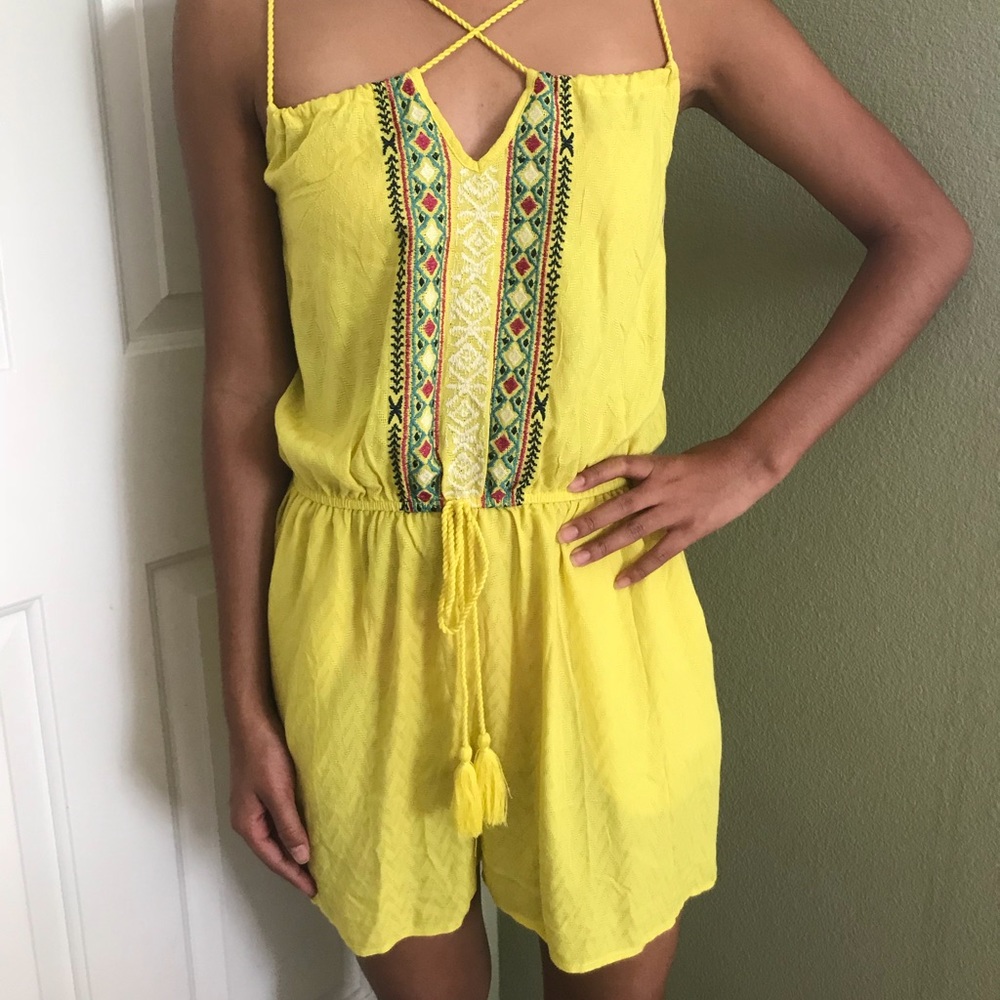 Highlighter Yellow Tribal Embroidered Romper